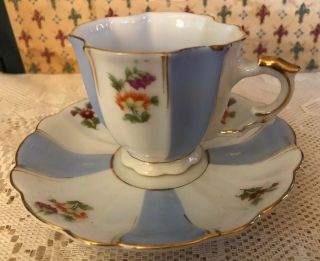 Vintage Demitasse Tea Cup & Saucer Occupied Japan Blue & White Gold Trim