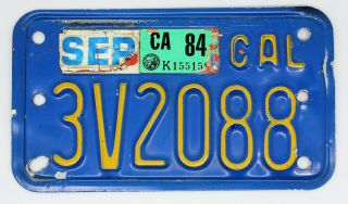Vintage California Motorcycle Blue & Yellow License Plate 3v2088,  1984 Tag