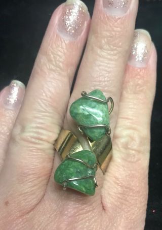 Vintage Green Real Rock Wire Wrapped Adjustable Bypass Ring Gold Tone