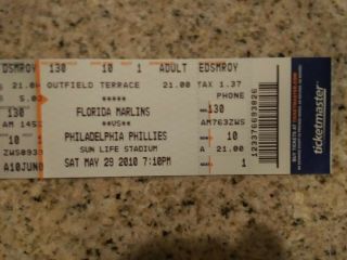 2010 Roy Halladay Perfect Game Full Ticket 5/29/2010 Phillis @ Marlins Tx01