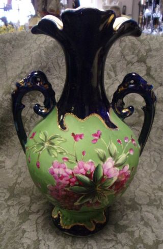 Antique Hand Painted Pottery Double Handle Floral Vase 9 " Gold Embossed