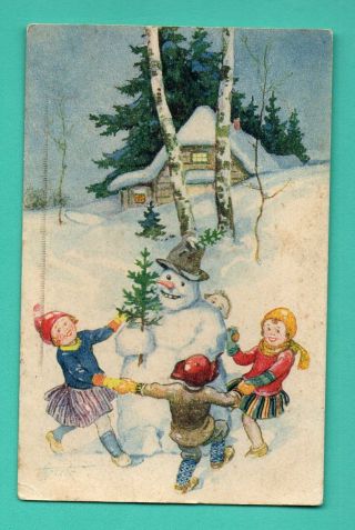 Latvia Lettland Cristmas Snowman And Children By Apsit Vintage Postcard 184