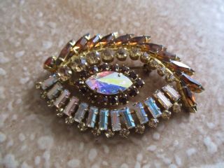 Vtg 50s 60s Large Austria Amber Aurora Borealis Crystal Stylised Eye Brooch