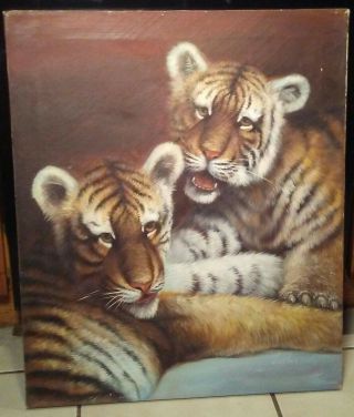 Vintage Oil On Canvas Tiger Portrait Painting Signed Justus Mid Century Art Deco