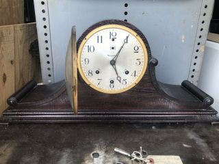 Waterbury Clock Company Antique Hump Back Walnut Mantle Clock With Key