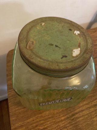 Vintage Green Dep.  Vertical Ribbed Cookie Jar w/Orig Metal Lid & Cookie Label 2