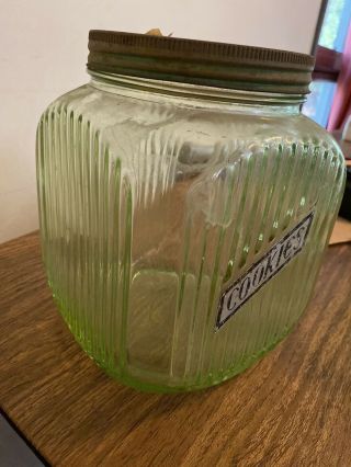Vintage Green Dep.  Vertical Ribbed Cookie Jar w/Orig Metal Lid & Cookie Label 3