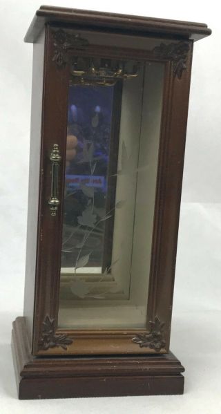 Vintage Wooden Jewelry Box W/ Etched Glass Doors And Mirror