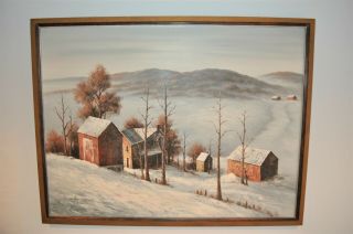 Vintage M.  Benson Oil Painting Of A Country Winter Setting 49.  5 X 38 " Wood Frame