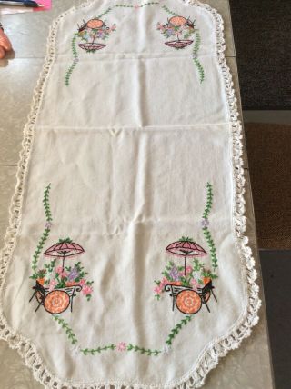 Vintage Embroidered Crochet Table Runner Dresser Scarf 36” By 15”
