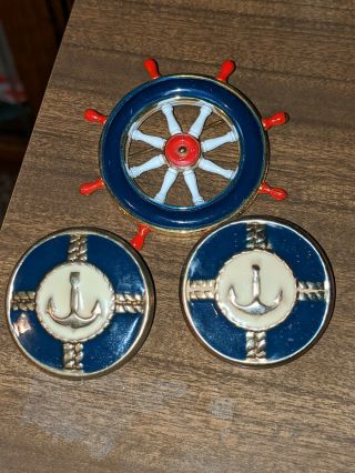 Vintage Captain Wheel Nautical Earrings Jewelry Blue Red Beach Gold Tone Sea