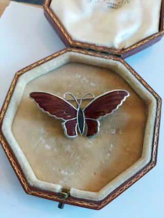 Vintage Art Deco Sterling Silver Guilloche Enamel Butterfly Brooch Pin
