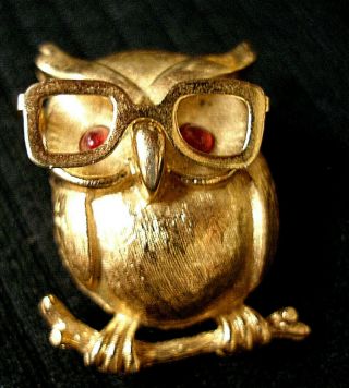 Vintage Gold Toned Brooch Pin Owl With Glasses Figurine By Coventry Red Gem Eyes