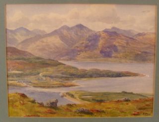 Antique W Dean Purple Mountain Lake Landscape W/c Painting