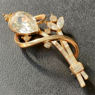 Signed Crown Trifari Pat Pend Vtg Rhinestone Gold Plated Flower Brooch Pin 420
