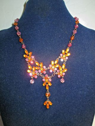 Pretty Vintage Necklace Pink & Golden Yellow Rhinestones Silver Tone