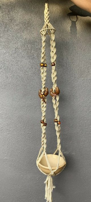Vintage Macrame Plant Hanger Hanging Planter With Ceramic Parakeets Beads & Bowl
