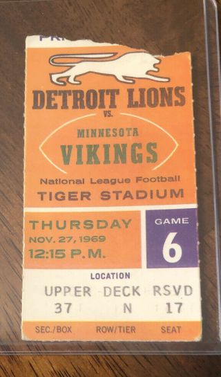 1969 Minnesota Vikings Detroit Lions Nfl Football Ticket Stub Thanksgiving Game