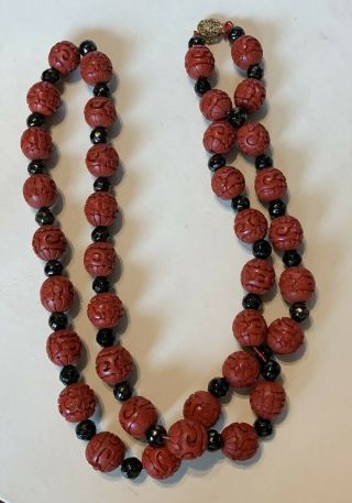 Vintage Chinese Carved Cinnabar & Black Bead Necklace,  34 "