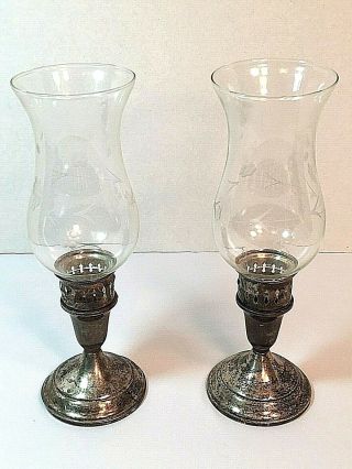 Vintage Pair Towle Sterling Silver Candle Holders With Etched Hurricane Globes