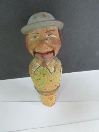 Vintage Carved Wood German Anri Style Wine Bottle Cork Stopper Opens Mouth