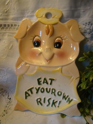 Vintage Lefton Pig Spoon Rest Holder Eat At Your Own Risk Wall Plaque