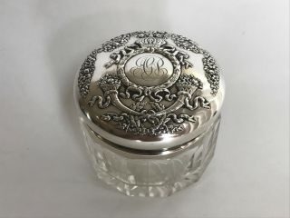 Antique English Victorian Sterling Silver & Crystal Dresser Powder Box Jar