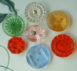 7 Lovely Vintage Translucent Depression Glass Buttons Clear&colors W/rhineston