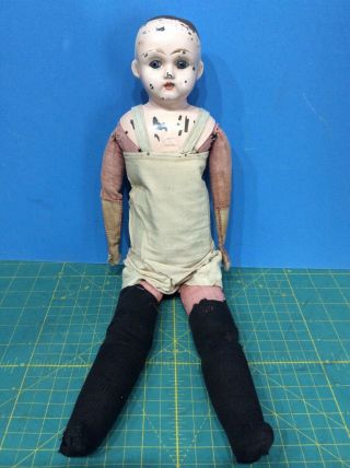 Spooky Creepy Tin Metal Head Glass Eyes 17 " Antique Doll Marked Germany 2 Juno