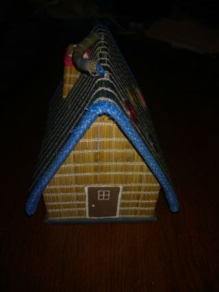 Vintage Straw Cottage House Shaped Sewing Box With Pin Cushion Made In Japan