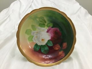 Antique Coronet Limoges Roses Footed Bowl Signed A.  Bronssillon