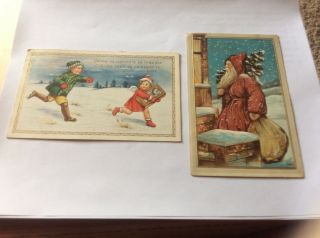 Two Vintage Postcards.  Santa And Children In The Snow