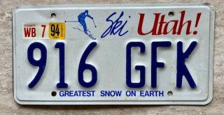 Vintage 1994 Ski Utah License Plate 916 - Gfk " Greatest Snow On Earth "