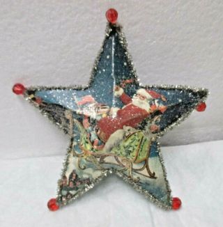 Vintage Christmas Ornament Star With Santa Claus American Flag Mid Century 6 "