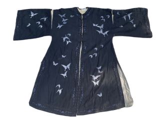Antique Vintage Chinese Black Embroidered Silk Robe With Lavender Butterflies