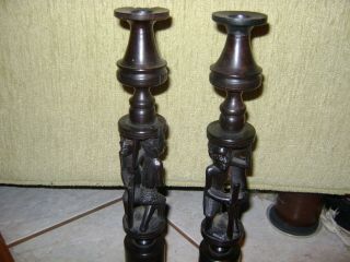 2 Vintage African Tribal Hand Carved Hard Wood Candlesticks 13.  25 "
