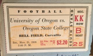 1936 Univ.  Oregon Ducks Vs.  Oregon State Beavers Football Civil War Ticket Stub