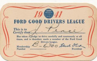 1941 Ford Good Drivers League Id Card Edsel Ford President