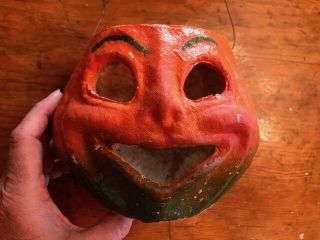 Antique Vtg Paper Mache Halloween Jack O Lantern Pumpkin Bail Smile Eyebrows