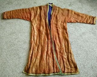 Antique Uzbekistan Embroidered Silk Gold Thread Cotton Lined Gown Robe Banyan