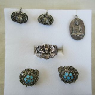 Vintage Silver Chinese Jewelry; Bat - Motif Ring,  Buddha Medal,  Two Pairs Earrings