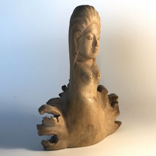 Vintage Natural Wood Sculpture Hand Carved Female Bust Mid Century Very Unique