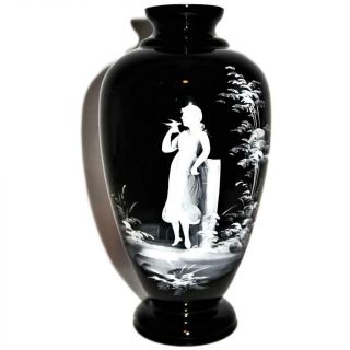 Antique Art Glass Mary Gregory Black Vase Hand Painted 9 " Girl At Waterfall
