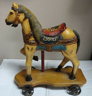 Hand Carved Wooden Horse Sculpture Folk Art 18 " Tall Ornate Details
