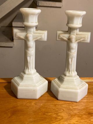 Vtg Mid Century White Milk Glass Cross Crucifix Candle Holder Jesus Church Apair