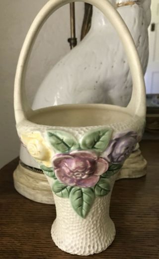 Vintage Roseville Pottery " Rozane 1917 " Basket 11 ",  Floral Handled Vase
