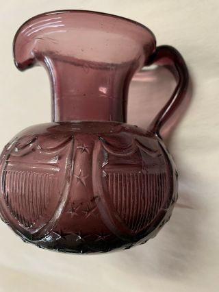 Purple Amethyst Clevenger Brothers Glass Pitcher Shield & Stars 5 1/2” Vintage
