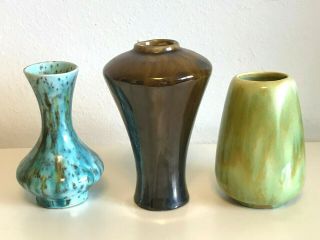 Three Vintage Drip Glaze Art Pottery Vases Mid Century 4.  5 " To 5.  5 " Ken 