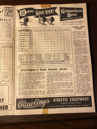 1952 St.  Louis Cardinals Official Scorecard Program Musial Slaughter Hemus 3