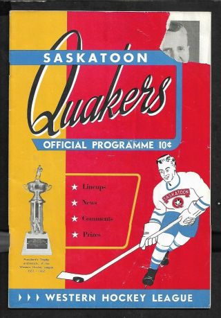 1952 - 53 Whl (western Hockey League) Program Tacoma Rockets At Saskatoon Quakers